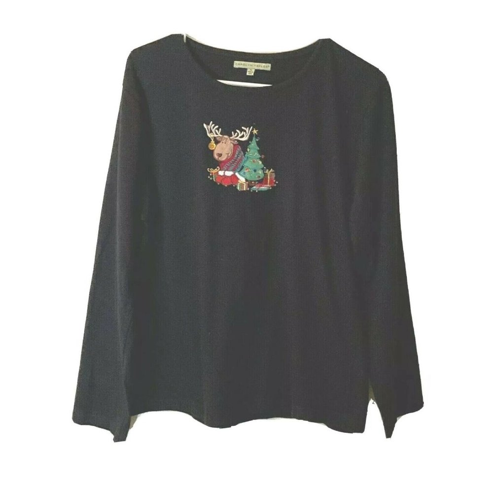 Carolyn Taylor Reindeer Christmas Tree Black Top L/S Embroidered XL Women's